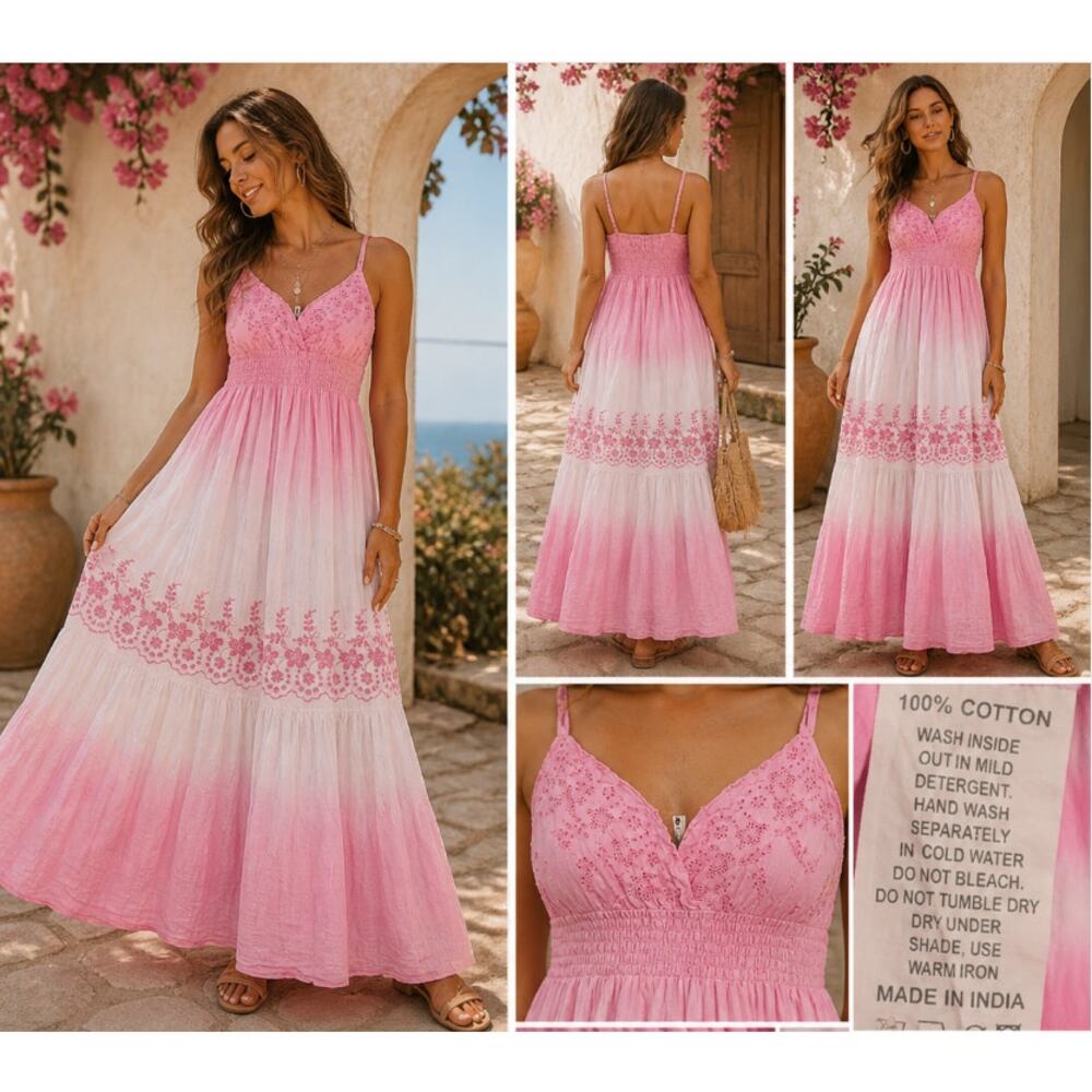 Women's Plus Sz 1X Pink Ombre Cotton Maxi Dress Boho Eyelet Lace Tiered Sundress